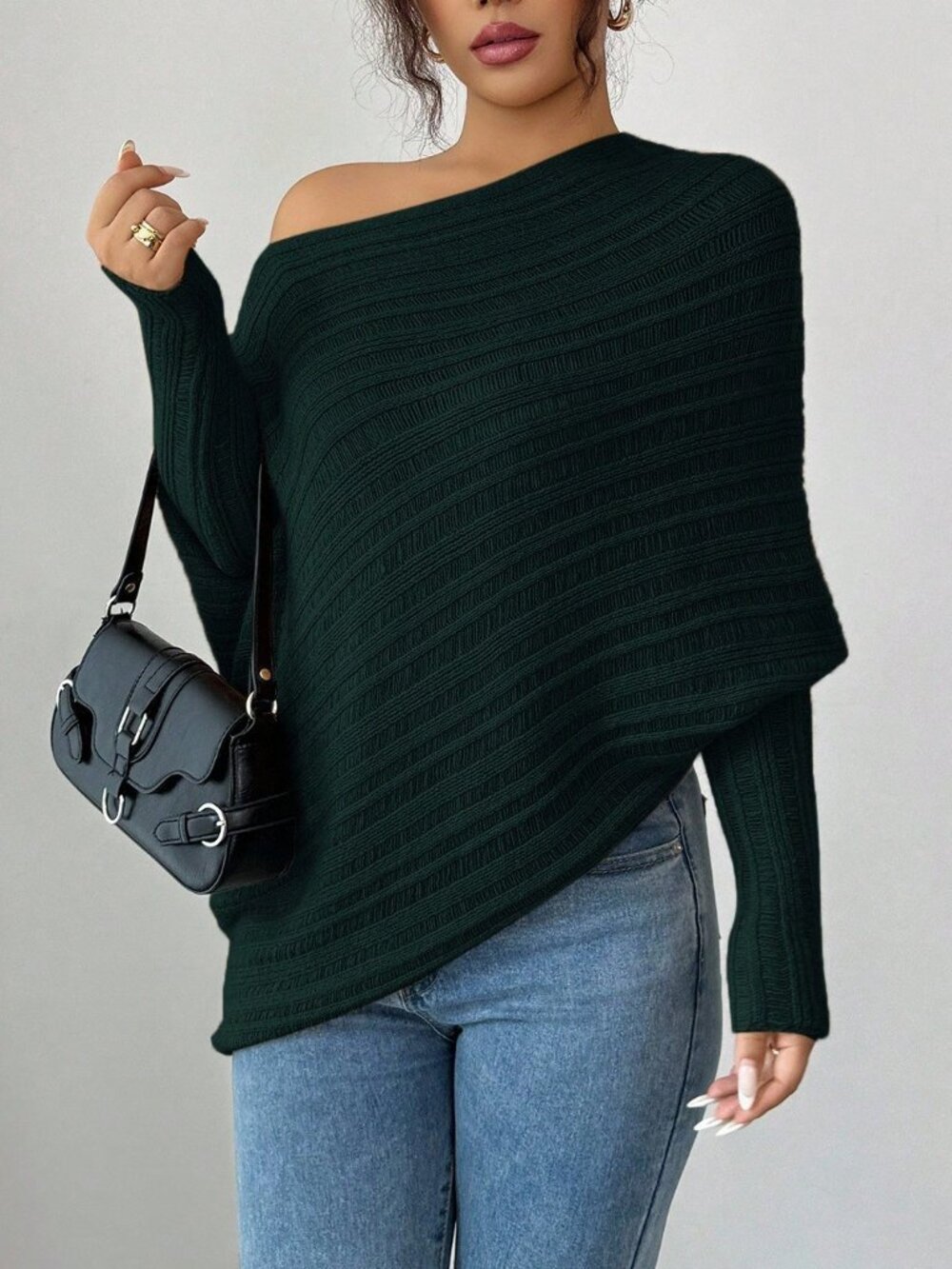 Dark Green Casual Women's Asymmetrical Rib-Knit Batwing Pullover - Picture 5 of 7